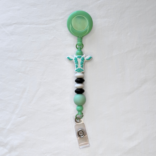 Green & White Cow Medical Retractable Tag