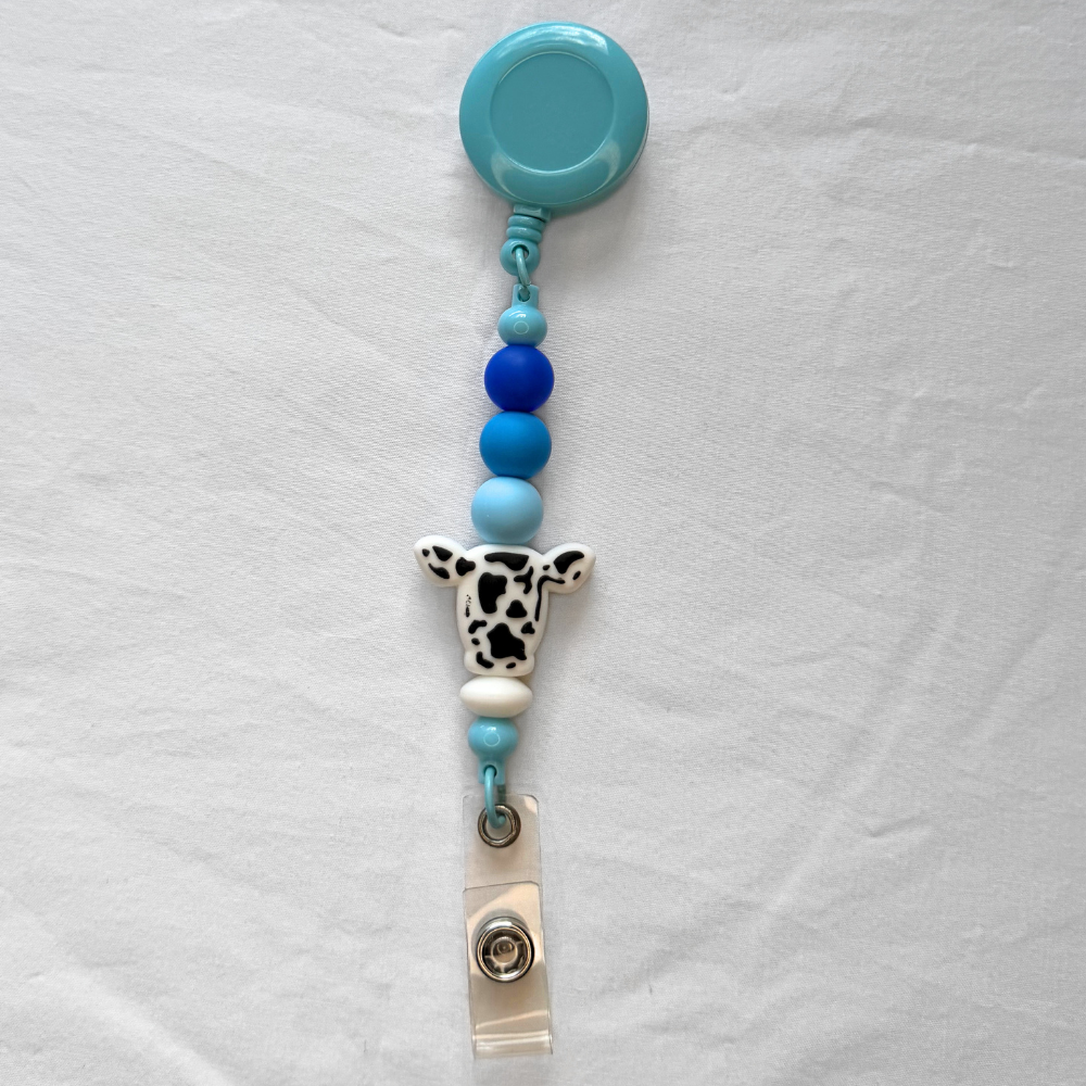Blue & White Cow Print Medical Retractable Tags